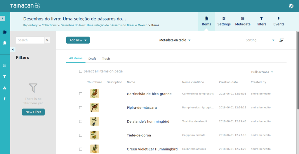 Screenshot showing the Items page under the "Desenhos de um livro" collection.