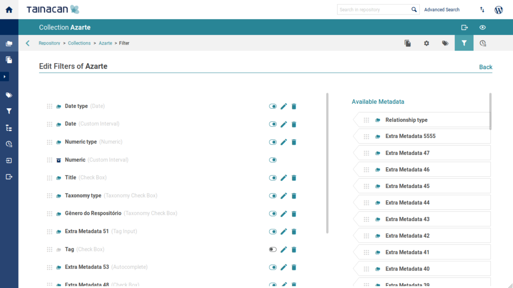 captura de tela mostrando os dois scrolls na lista de filtros e metadados