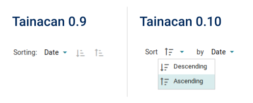 captura de tela comparando os botões de ordenação. Na versão mais recente, há uma caixa de seleção para se escolher a direção da ordenação.