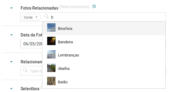 Imagem de uma entrada de autocomplete oferecendo opções de itens para um metadado elacionamento.