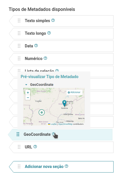 Lista de metadados disponíveis no Tainacan, com o de Geolocalização em destaque.