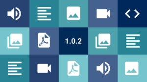 Banner da versão 1.0.2, com ícones diversos ao redor do número 1.0.2