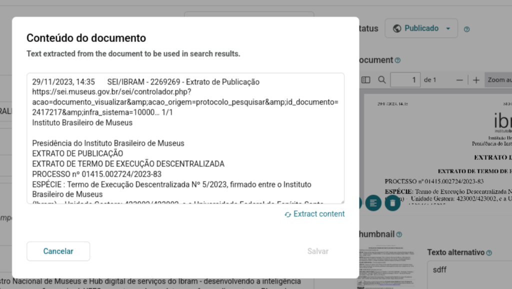 Captura de tela do modal de edição de conteúdo do documento, mostrando uma grande área de texto com um longo texto processado de um PDF. Há um botão para se re-extrair o conteúdo.