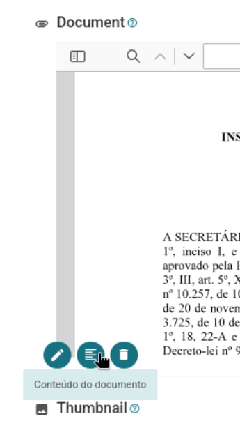 Captura de tela do formulário de edição de item com um botão e um balão de aviso dizendo 'Conteúdo do documento', entre os botões de editar e remover.