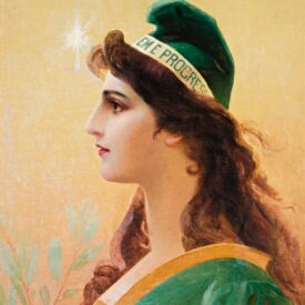 Mulher representando a república pintada, mulher de pele branca de perfil com o nariz apontado para a esquerda, veste roupas e chapéu. Faixa escrito ordem e progresso entre chapéu e couro cabeludo
