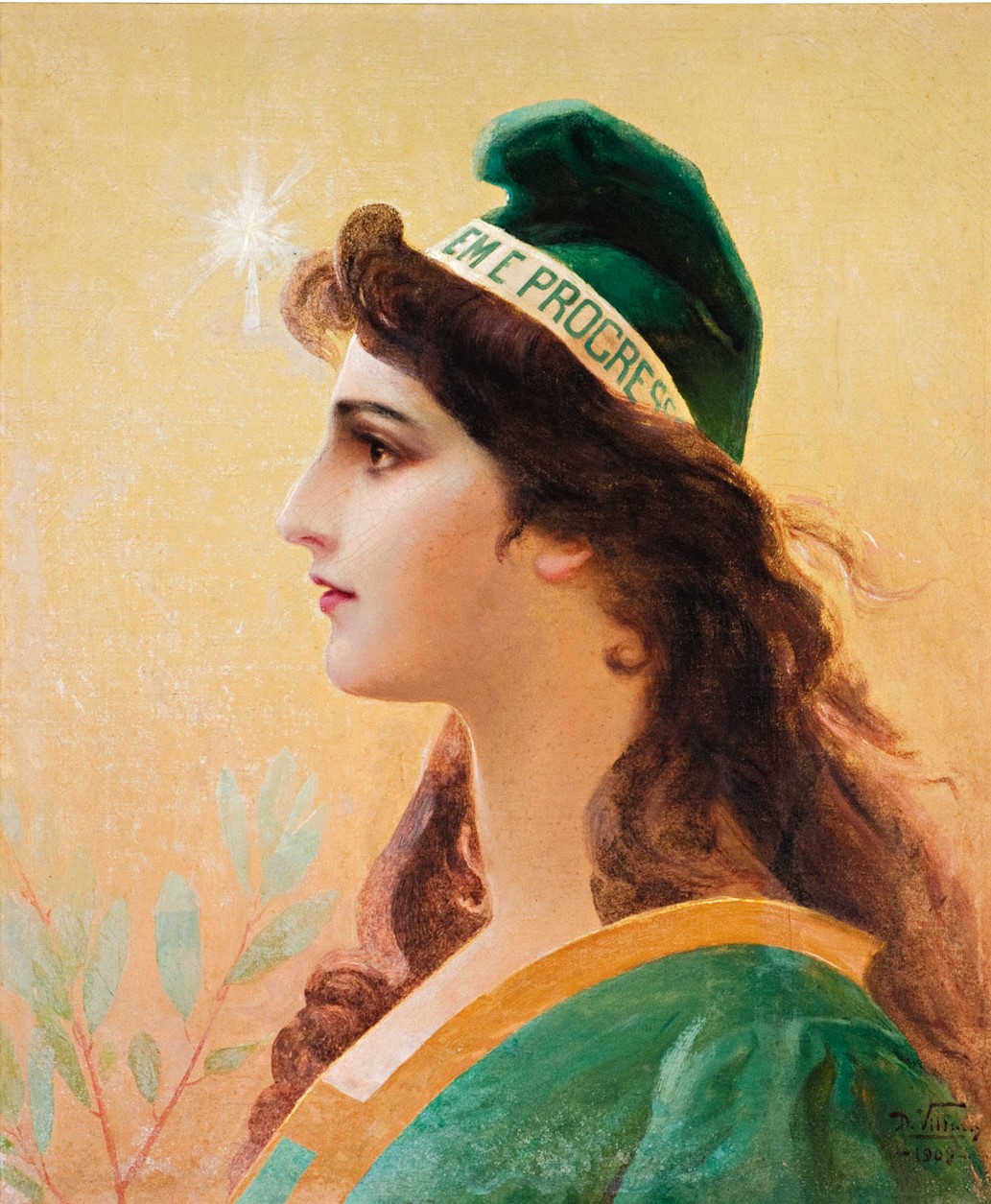 Mulher representando a república pintada, mulher de pele branca de perfil com o nariz apontado para a esquerda, veste roupas e chapéu. Faixa escrito ordem e progresso entre chapéu e couro cabeludo