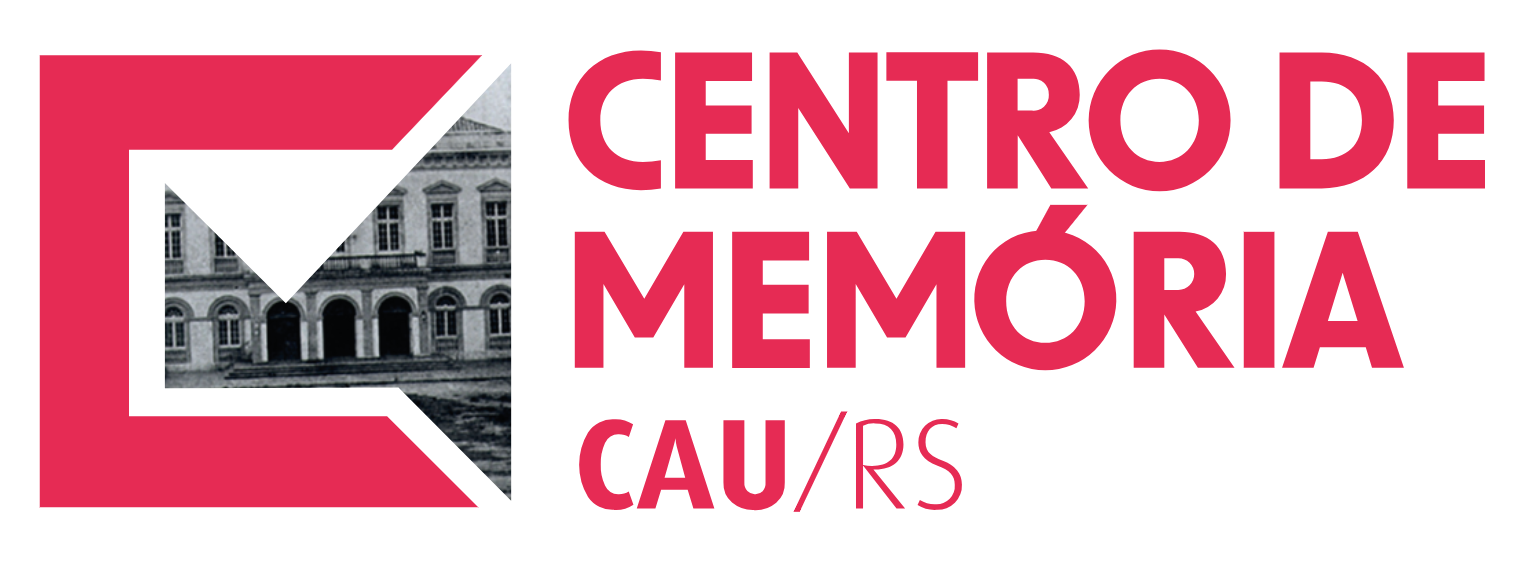 Logo Centro de memória CAU/RS - Logo em formato de letra C, com a letra preenchida de fundo com uma fotografia de um edificio