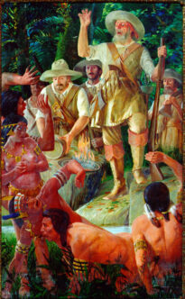 Roda de personagens brancos e ameríndios, colonizadores sob postura de poder
