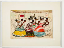9 pessoas negras estão exercendo sua religiosidade, estão usando roupas coloridas e tradicionais do candomble, a pintura possui movimento circular