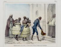 existem 7 pessoas na imagem, todas negras, duas delas são crianças. Todos os personagens utilizam roupa à época. 5 pessoas estão fora do estabelecimento solicitando a entrada, o homem mais a frente a porta faz um eceno com o chapéu