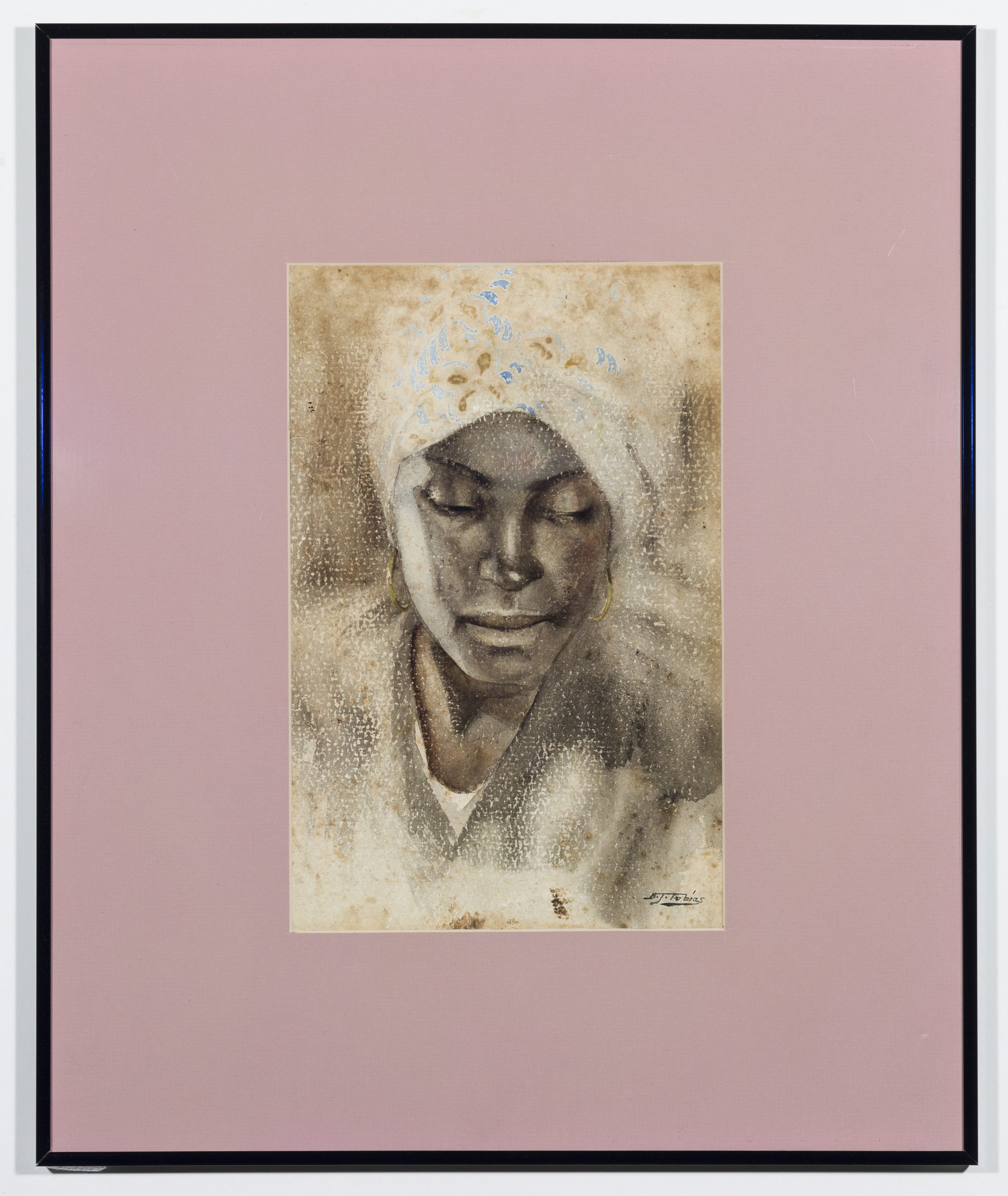 Retrato de mulher, Benedito Jose Tobias, 1934, quadro, retrato, mulher, mulher morena, de pele parda, usando um pano cobrindo sua cabeça, centralizado, ao redor moldura rosada.