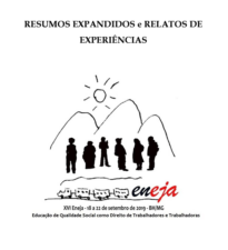 Resumos expandidos e relatos de experiências, capa. ENEJA. ilustração de pessoas, montanhas e sol, abaixo indicação de localidade. XVI Eneja - 18 a 22 de setembro de 2019 - BH/MG. Educação de Qualidade Social como Direito de Trabalhadores e Trabalhadoras.