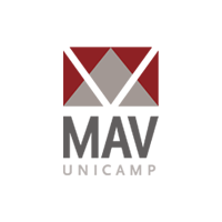 Quadrado com corte em formato de M, 3 triangulos formando um quadrado, sigla, MAV, nome da instituição MAV
