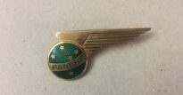 broche em formato de asa, com circulo cravejado de estrelas e bandeira passando de uma ponta do circulo a outra ponta