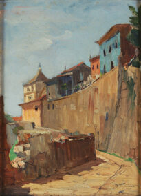 pintura com céu ao fundo com nuvens espessas, casas coloridas na margem de um barranco, mais habitações abaixo do barranco