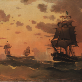 pintura possui elementos do tipo céu, nuvens mar com 3 embarcações do tipo caravela