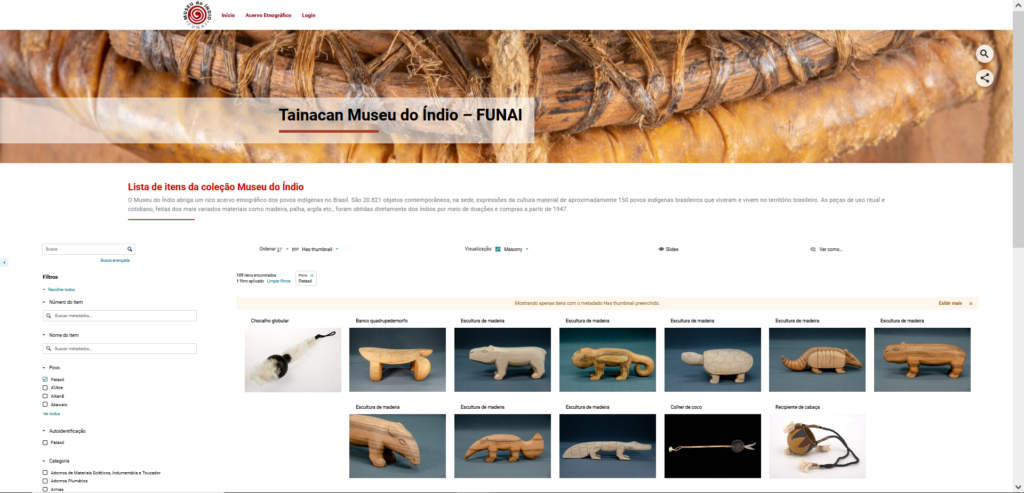 Museu do indio itens, esculturas, filtros, pagina de capa